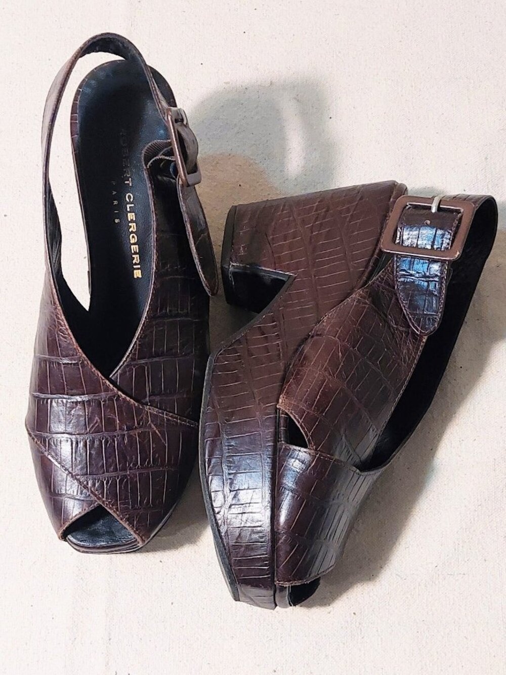 Robert Clergerie Brown Croc-Embossed Peep-Toe Slingback Platform Shoes Size :7